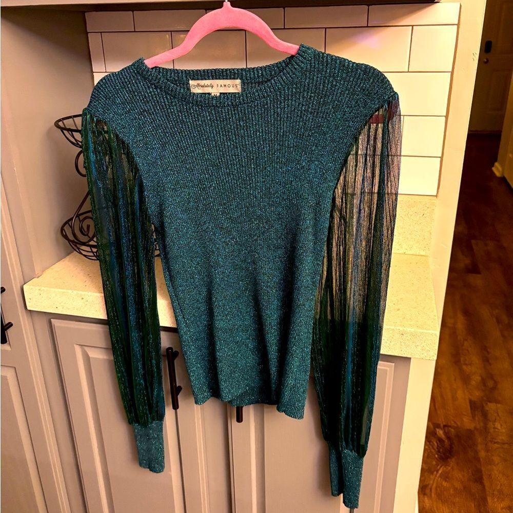 Greenish blue Sweater with Sheer Sleeves by Absolutely Famous